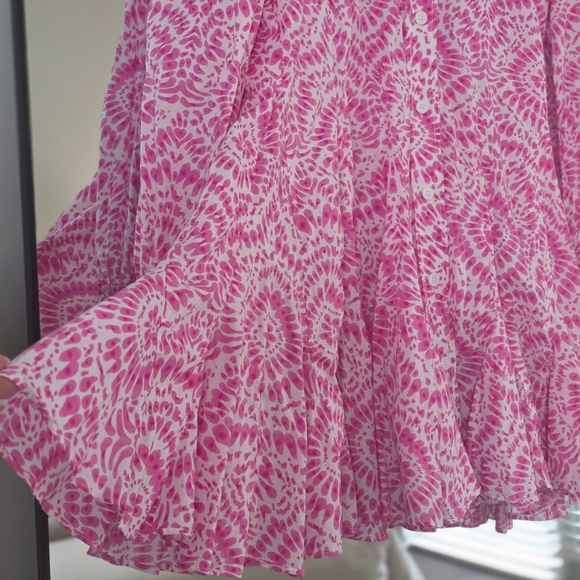 Zara Pink Tie-Dye Floral Mini Shirt Dress -  Skater Skirt, Size Large - Picture 6 of 9